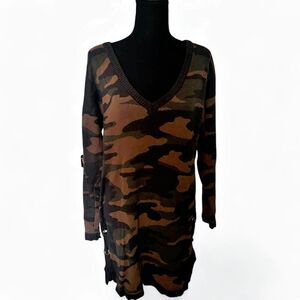 NY&C Camo Print V-Neck Sweater Dress Lace-Up Sides - Size L